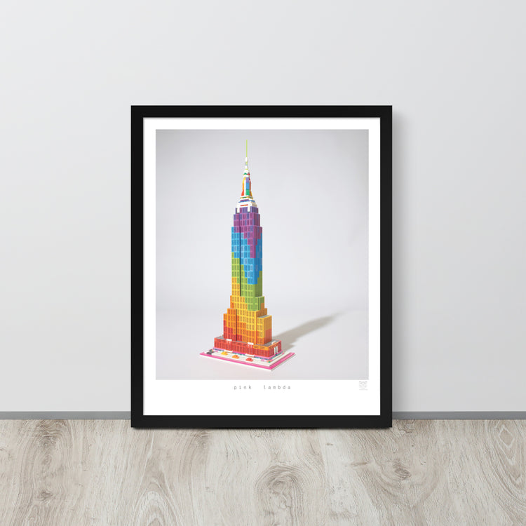 Pink Lambda framed print on a wall